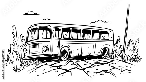 Vintage bus on country road, retro travel vehicle parked among wild bushes – hand drawn sketch vector illustration