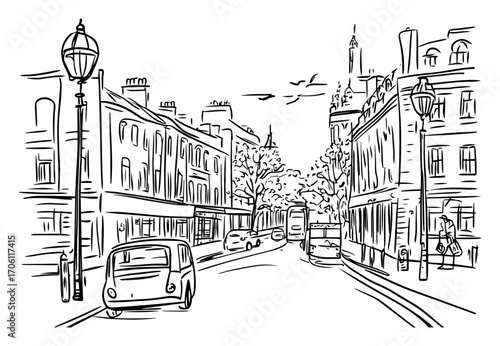 Retro city street with classic cars and double‑decker bus, historic urban architecture – hand drawn vector illustration