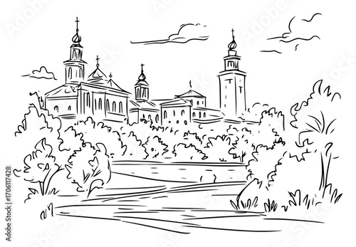 Riverside monastery cathedral overlooking leafy park, serene historic church skyline – hand drawn landscape vector illustration