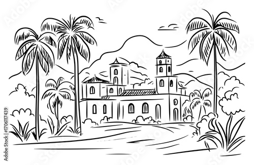 Colonial mission church amid tropical palm grove and rolling hills, exotic historical landscape – vector illustration