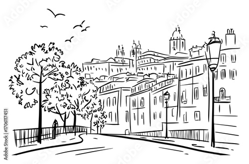 Hillside Mediterranean old town street with lamp posts and tiled roofs, charming village panorama – vector illustration