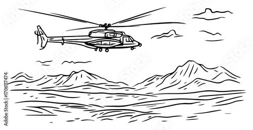 Helicopter flying over vast mountain desert plain, adventure aerial transport scene – hand drawn vector illustration