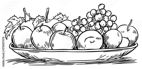 Plate of fresh fruit with apples, grapes and peaches, classic still life sketch – hand drawn healthy food vector illustration