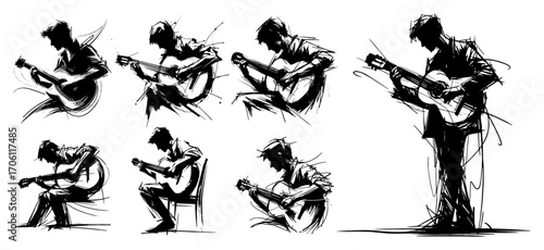 Expressive guitarist figure studies, musician playing acoustic guitar in dynamic poses – rough sketch vector illustration set