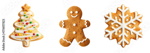 Christmas cookies with icing. Christmas tree, gingerbread man, snowflake. Homemade sweet dessert. New Year baked. Isolated on a transparent PNG background.