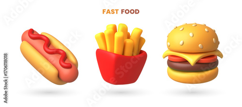 3D vector Cartoon Food Set Hot Dog, Fries, Burger