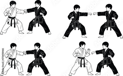 Karate sparring silhouette set, black-and-white illustrations of martial artists in action poses for sports, discipline, training, and character design themes