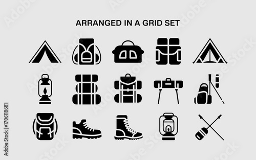 Vector art of camping and outdoor gear icons arranged in a grid set