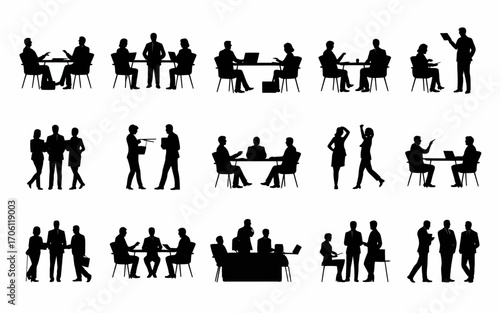 Vector art of silhouette of business people in various meeting scenarios