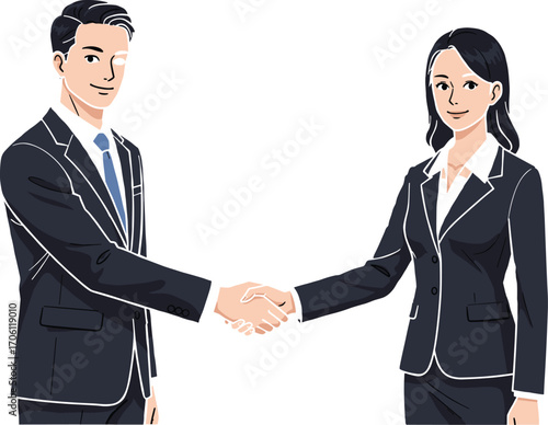 Business handshake illustration of professional man and woman in formal attire, symbolizing agreement, partnership, negotiation, and corporate success.