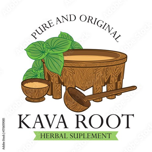 Kava root drink with traditional wood bowl illustration, perfect for herbal supplement logo design  
