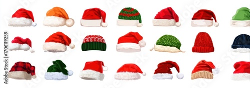 Assorted festive hats in rows and columns. Includes knitted caps, Santa hats, and caps of red, green, orange, and blue with fur brims on a white background