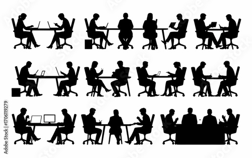Vector art of silhouettes of people working at desks