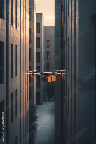 Autonomous drone delivering package in modern urban environment, delivery drone, package delivery, futuristic logistics, automated drone, urban delivery, drone technology, logistics drone