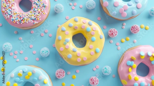 Colorful Donuts with Sprinkles on Bright Blue Background