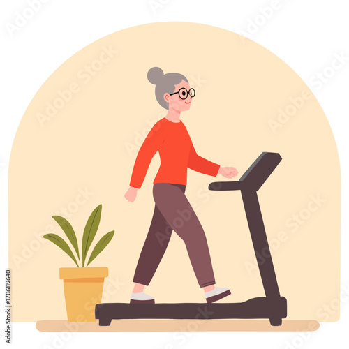 Elderly woman on treadmill. Senior lady exercising at gym. Older woman walking on treadmill machine. Retired woman doing cardio workout. Elderly set