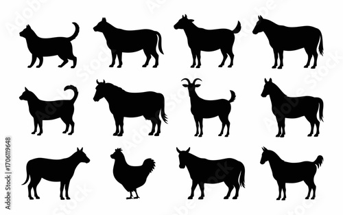 Vector art of silhouette of farm animals, vector illustration
