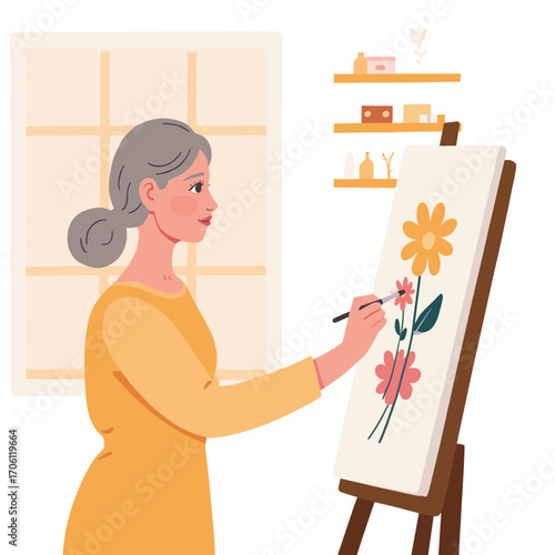 Retired woman painting canvas. Senior lady creating art with brush. Older woman painting picture in studio. Elderly woman doing acrylic painting. Elderly set