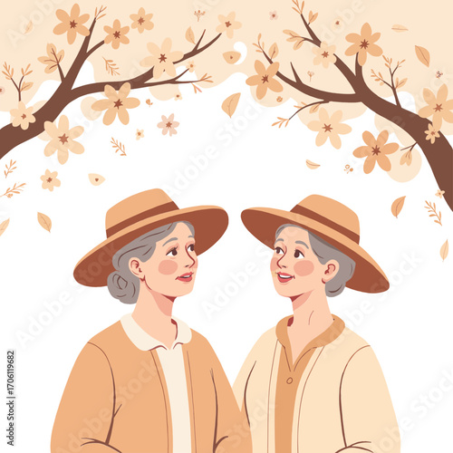 Senior women in garden. Elderly ladies enjoying flowers outdoors. Older women gardening together. Retired friends spending time in garden. Elderly set