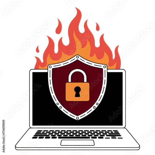 Laptop with shield and padlock on fire representing cyber security risk on transparent background