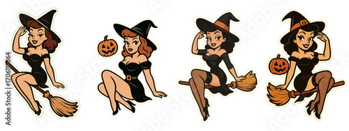 Retro cartoon witches on brooms with pumpkins, pin up style sticker set for Halloween