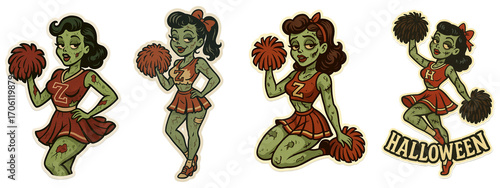 Four Retro pin-up zombie cheerleader with pom-poms, vintage Halloween cartoon illustration. Perfect for horror decorations, spooky designs, and 50s horror-themed creative projects