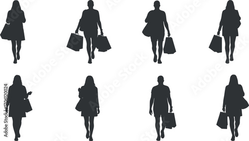 Black Silhouettes of Men and Women Walking with Shopping Bags, Urban Retail Lifestyle Concept for Fashion, Consumerism, and Commerce