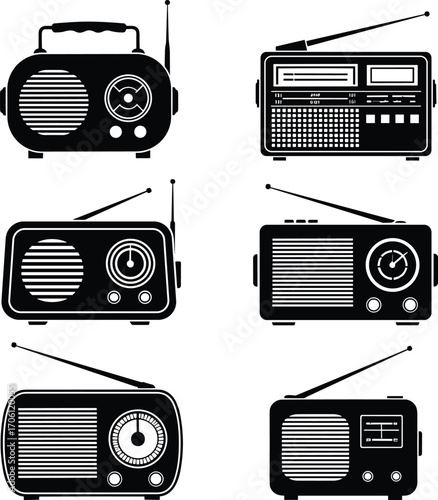 Set of six vintage radio silhouettes with antennas, retro audio devices collection, black and white vector icons for music and broadcast