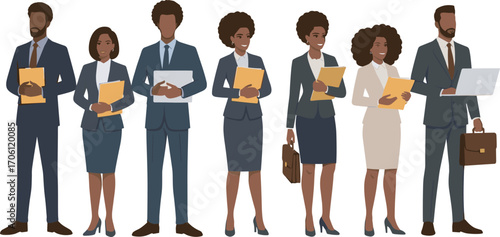 Business Professionals Standing in Formal Attire – Office Team with Laptops, Briefcases, Folders for Corporate, Workplace, and Career Concepts