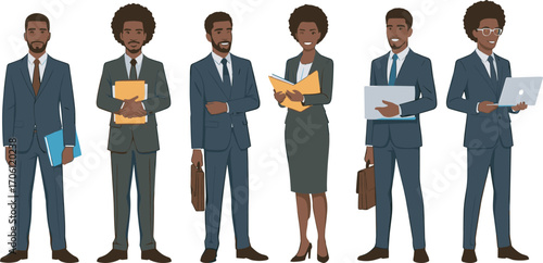 Business Professionals Standing in Formal Attire – Office Team with Laptops, Briefcases, Folders for Corporate, Workplace, and Career Concepts