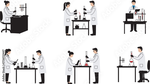 Laboratory scientists conducting chemical experiments, teamwork in research lab, microscope analysis, vapor reactions, scientific discovery, modern science illustration vector