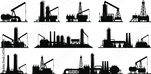 Silhouette of oil refineries, pumpjacks, drilling rigs, industrial plants, petrochemical factories, gas processing units, black vector illustration