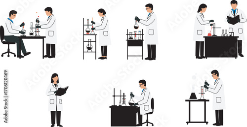 Laboratory scientists conducting chemical experiments, teamwork in research lab, microscope analysis, vapor reactions, scientific discovery, modern science illustration vector