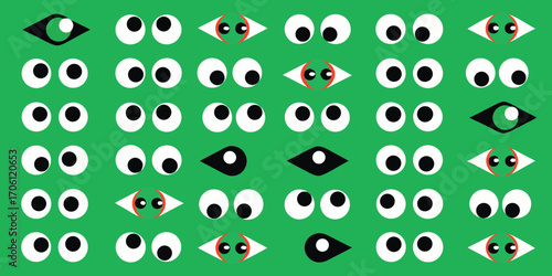 A playful pattern of cartoon eyes in various styles and colors on a vibrant green background