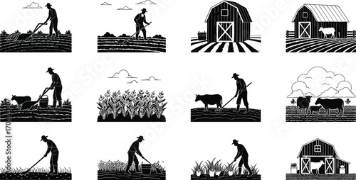 Silhouette vector illustrations of farmers, barns, cows, and agricultural fields representing rural farm life and traditional farming activities