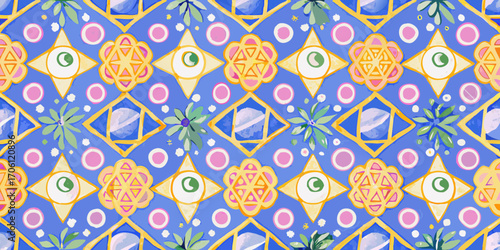 Whimsical blue pattern with geometric shapes flowers and eyes in a repeating design