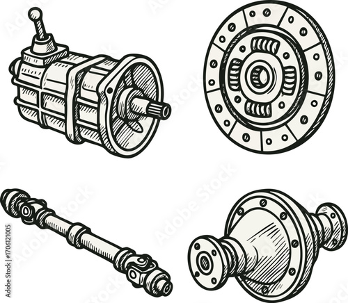 Set of Car Drivetrain Parts – Hand-Drawn Technical Sketch