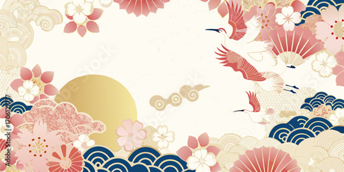 Elegant japanese inspired design with flying cranes cherry blossoms and sun motif