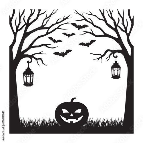 Spooky halloween silhouette with jack o lantern bats and lanterns under bare trees