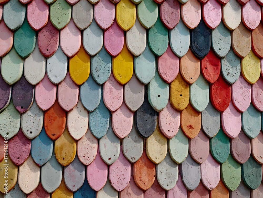 custom made wallpaper toronto digitalColorful Shield-Shaped Tiles in Overlapping Fish-Scale Pattern for Artistic Interior or Design Background Use
