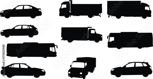 Silhouette vehicle collection, car truck bus icons, transportation grid, black shapes, automotive design, commercial fleet, isolated transport set