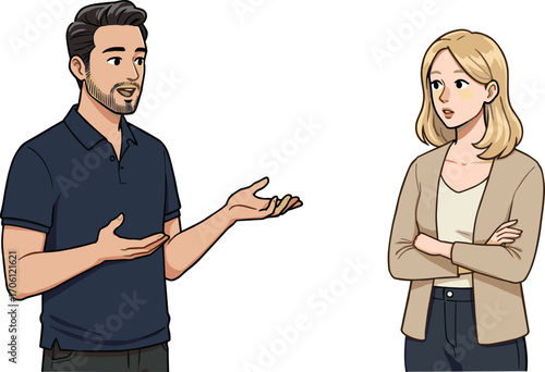Cartoon-style illustration of two professionals in conversation, expressing body language, dialogue, and interpersonal communication in business context.