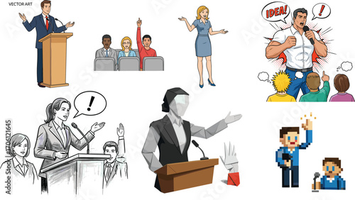 Public speaking and communication vector set, podium, audience, expressive gestures, comic and pixel styles, black and white illustration for storytelling
