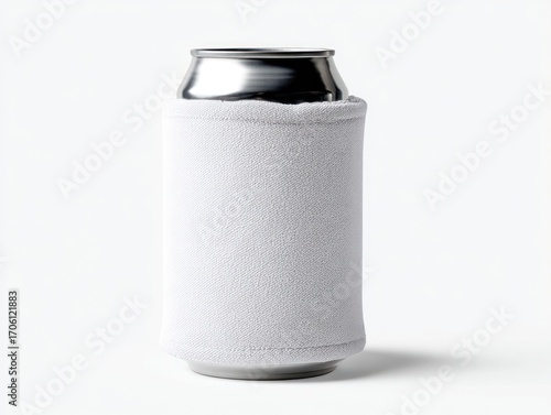 Silver can encased in a white fabric cozy, displayed on a plain white background. The can's top is visible. Bright studio lighting creates soft shadows