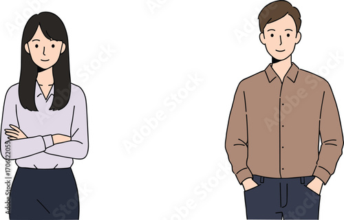 Minimalist illustration of two casually dressed individuals standing side by side, ideal for character design, identity, and visual storytelling.