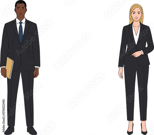 Professional business attire illustration featuring confident male and female executives in formal clothing, ideal for corporate, HR, and workplace themes.