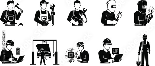 Silhouettes of mechanics, welders, technicians, carpenters, and engineers using tools, computers, machinery, and technology for industry, repair, development
