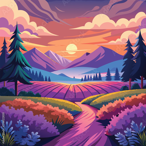 Vector art of a picturesque landscape featuring a lavender field, mountains, and a vibrant sunset creating a serene atmosphere