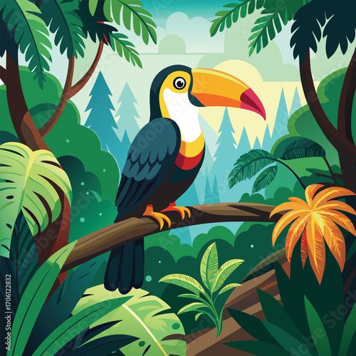 Vector art of a vibrant toucan perched on a branch amidst lush tropical foliage, showcasing the beauty of the rainforest ecosystem