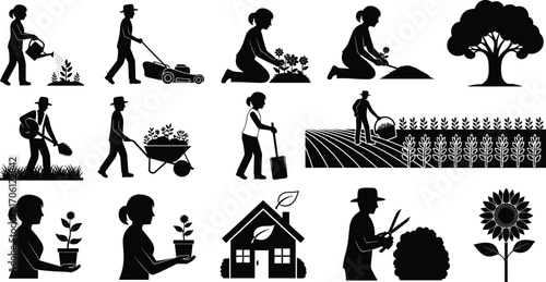 Silhouettes of people gardening, planting flowers, watering plants, trimming bushes, eco-friendly home, garden care tools, black vector illustration